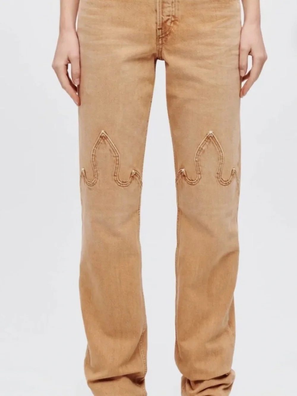 Re/Done Women's Tan Straight-Leg Jeans with Decorative Knee Stitching.
